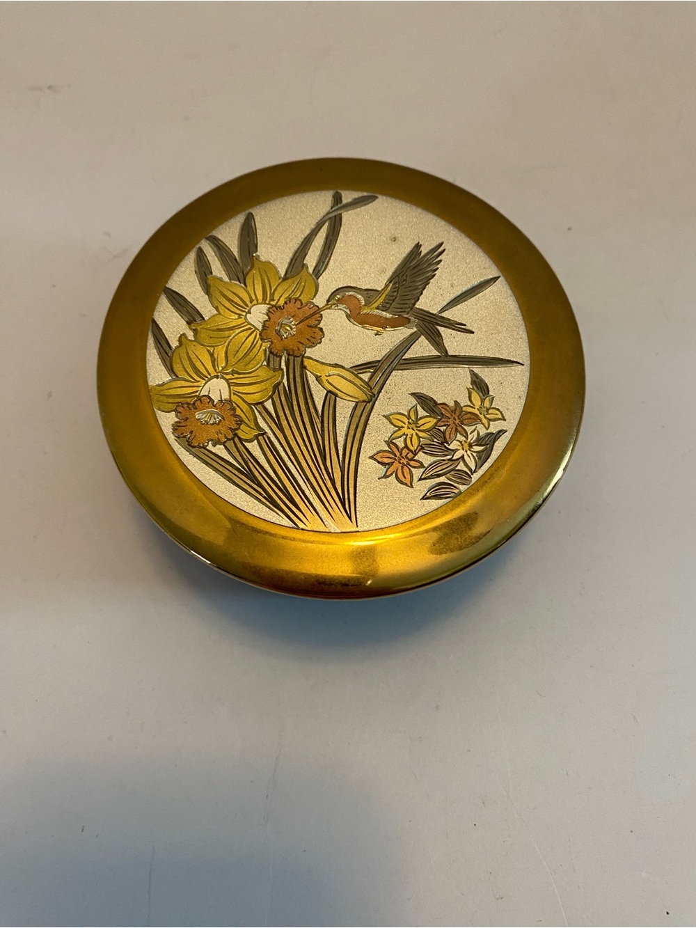 Art of Chokin Gold Edged Hummingbird and Flowers Trinket Box Dish Japan